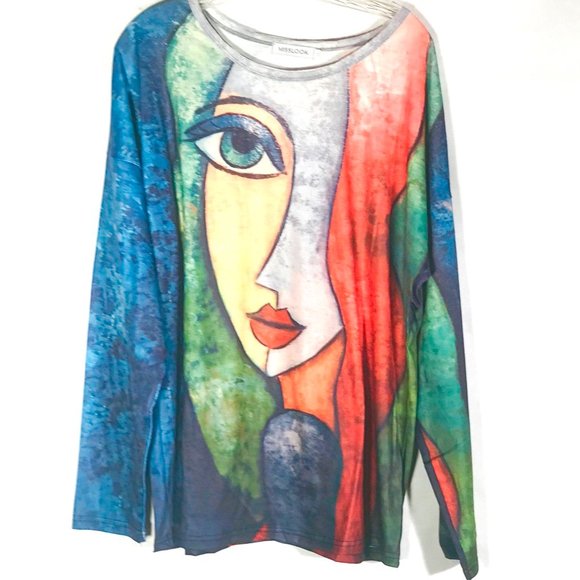 MISSLOOK Tops - MISSLOOK Picasso Abstract Woman NWT Tee Shirt Long Sleeve Colorful fine Art